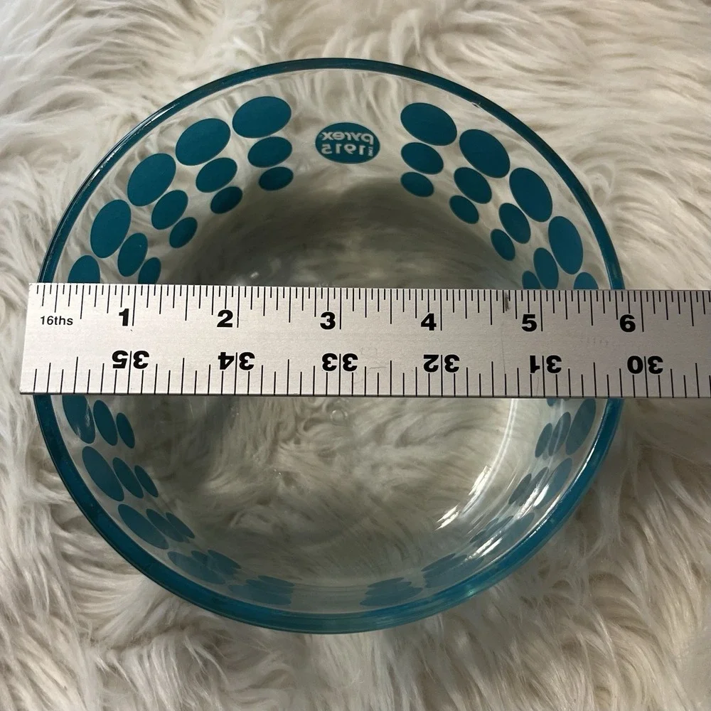 Pyrex 4 Cup Glass Storage Bowl Teal Blue Polka Dot Dotty Clear Round Made in USA